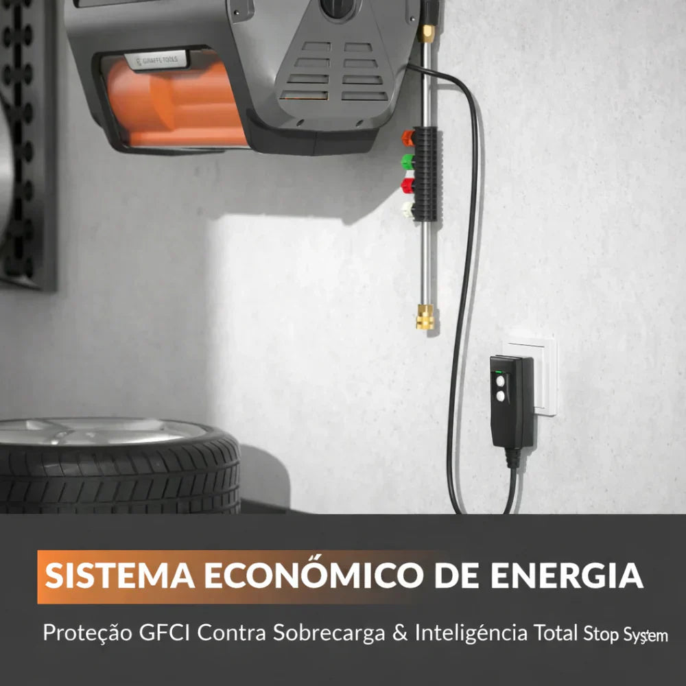 Sistema instalado na parede com proteção e mangueira recolhida